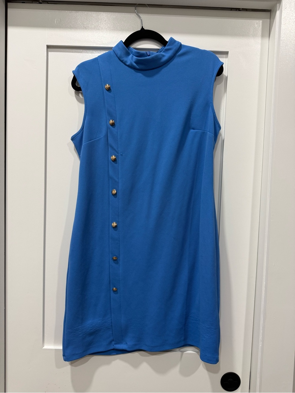 London Times Royal Blue Sleeveless Mock Neck Shift Dress with Gold Buttons